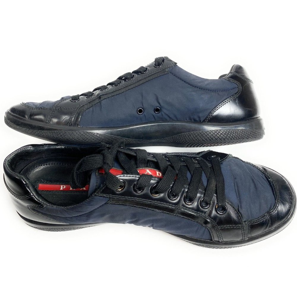 Prada Leather Shoes Sneaker Black Blue Size 8 - Picture 2 of 10